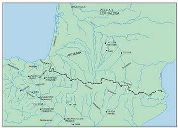 Akitania eta Ebro bailara Estrabonen arabera.<br><br>